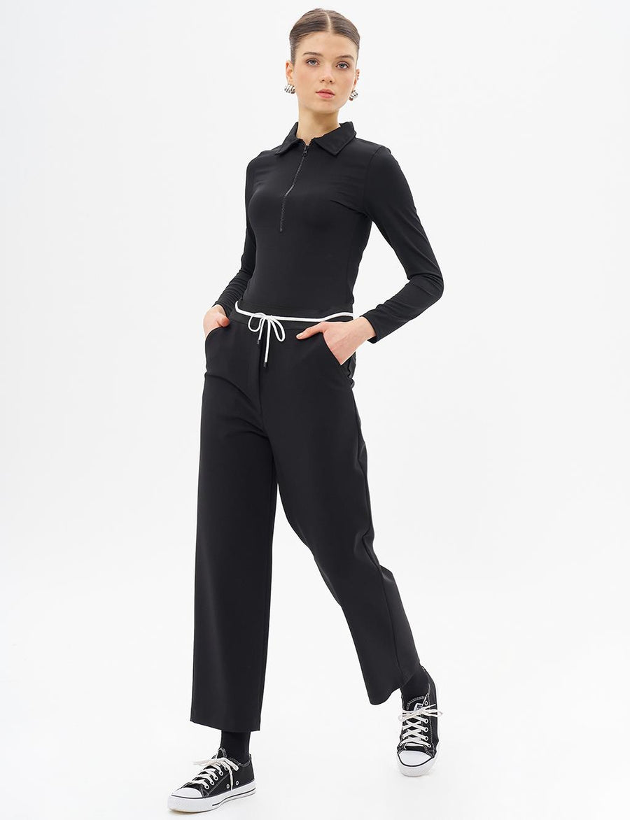 Elastic Waist Lace-up Trousers Black