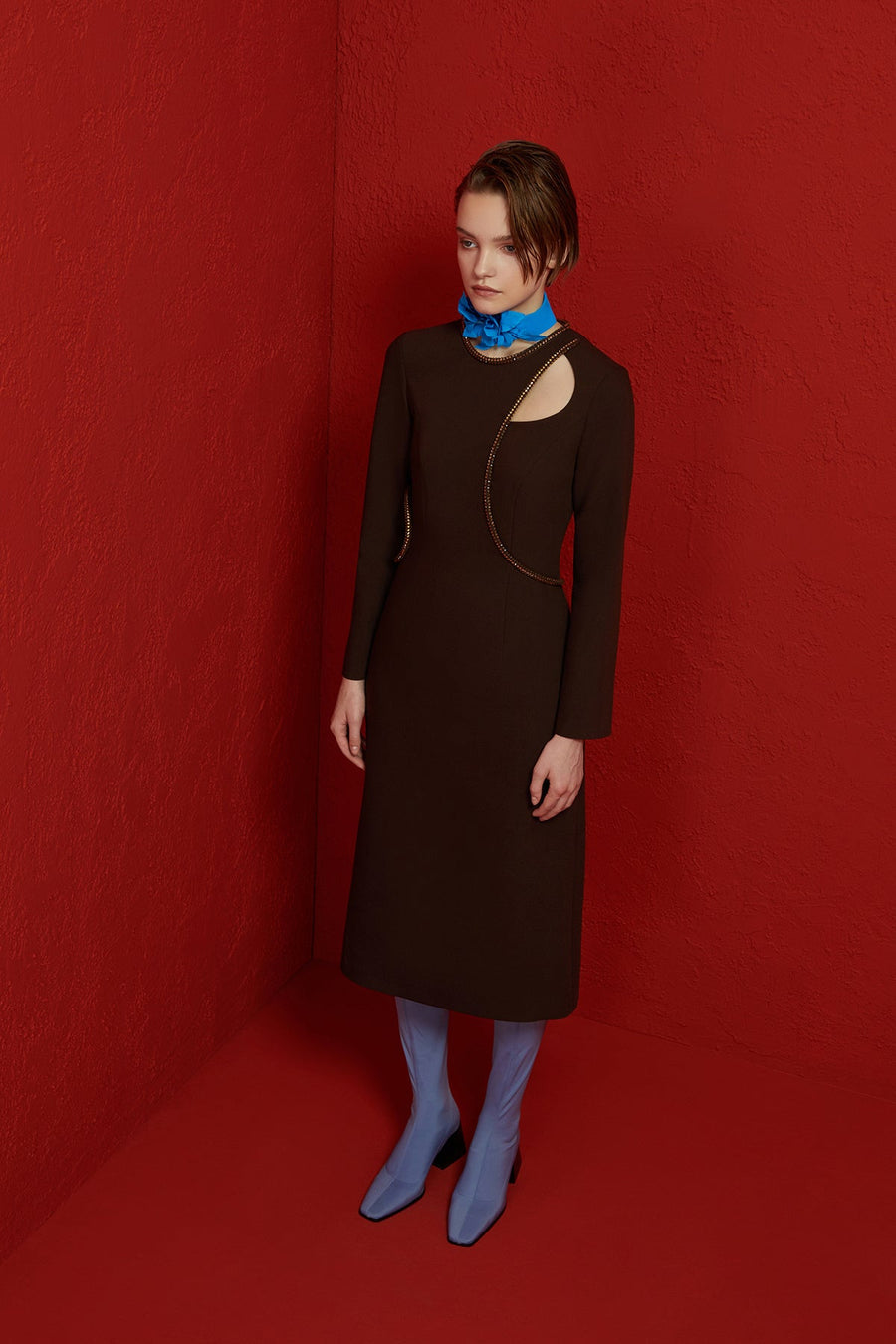 Brown Waist Decollete Stone Midi Dress Fınal Item - Porterist 2