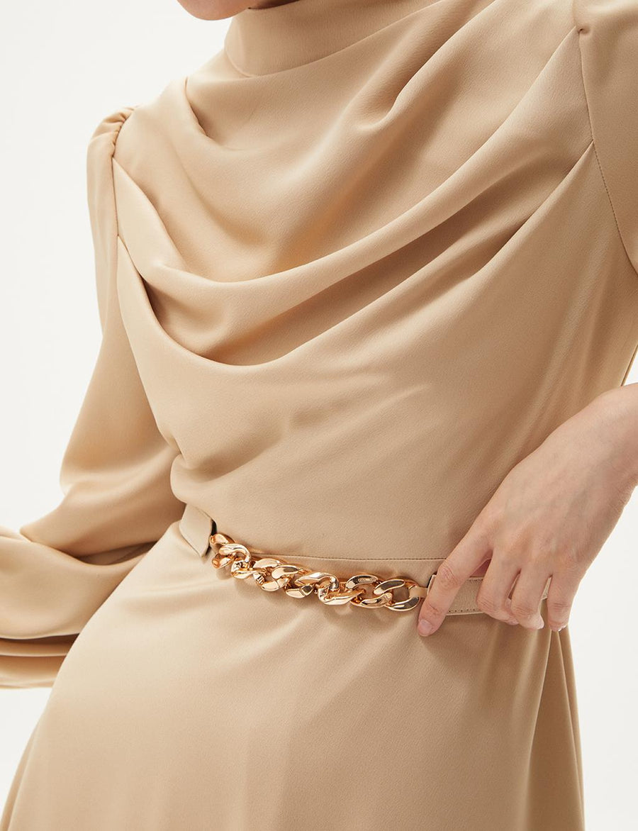 Belt Detailed Stylish Dress Beige Fınal Item - Porterist 6