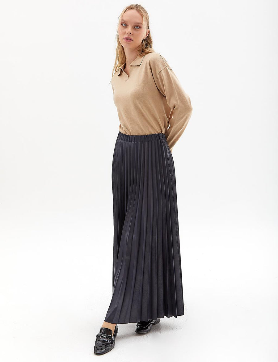 Leather Look Pleat Skirt Navy Blue