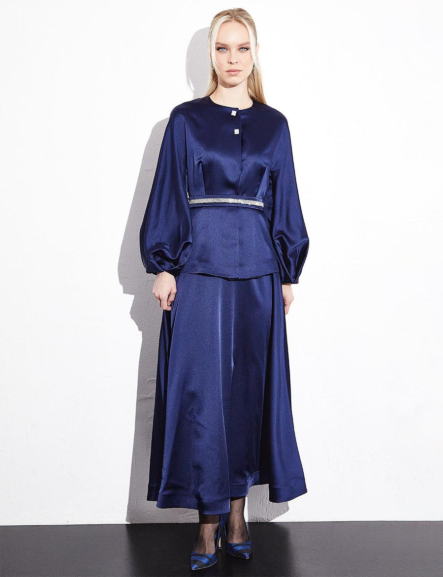 Satin Japone Sleeve Skirt Double Suit Navy Blue