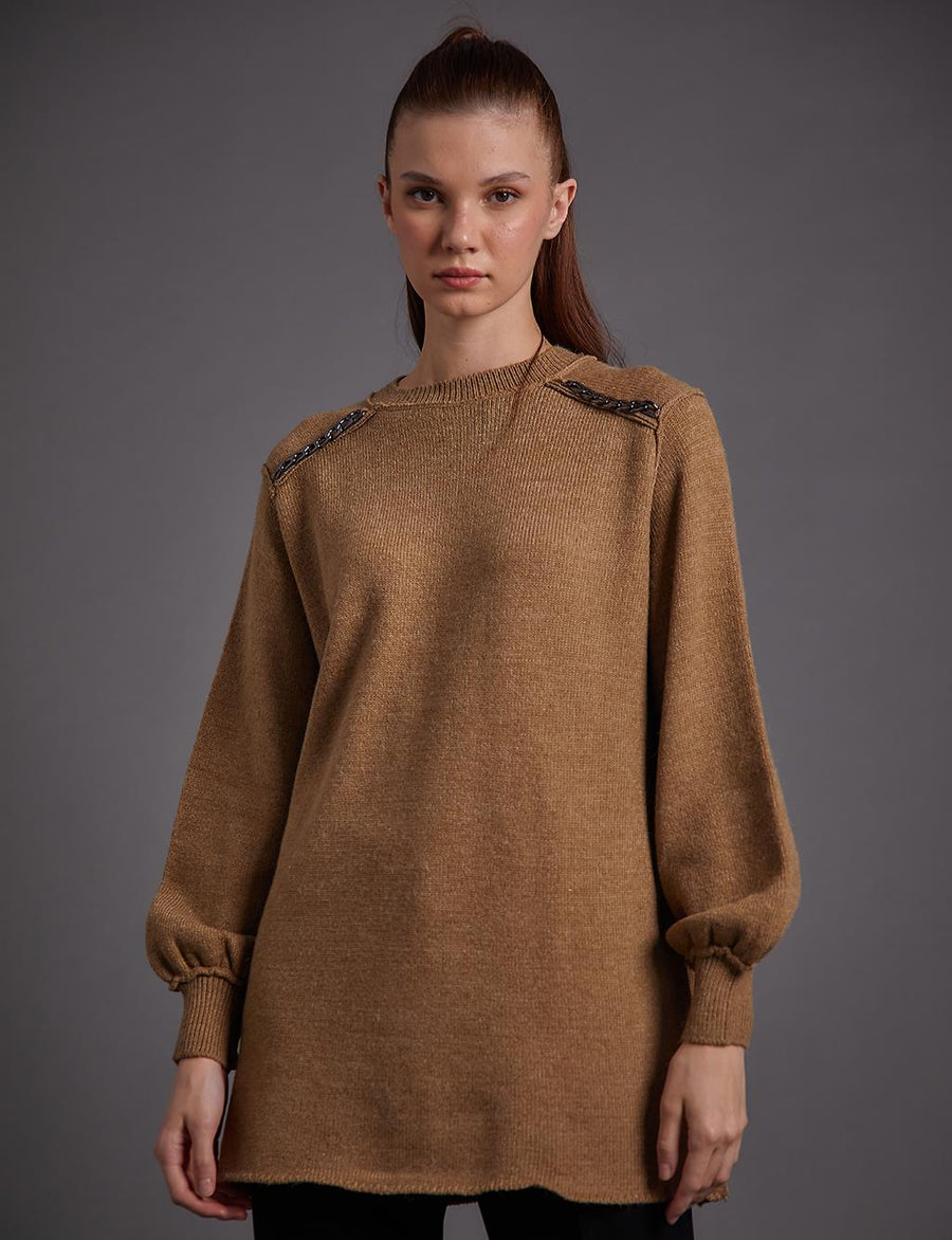 Knitwear Tunic with Chain Detail on the Shoulder Milk Brown