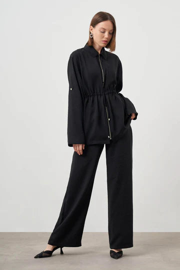 Mizalle Cinched Waist Shirt Jacket Black Apparel Black