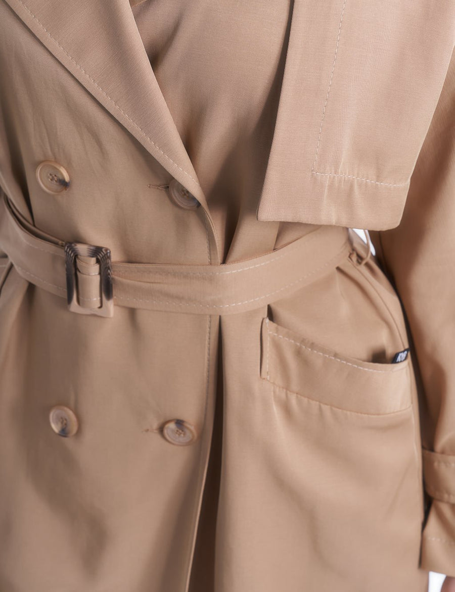 Double Breasted Collar Belt Detailed Trench Coat Beige