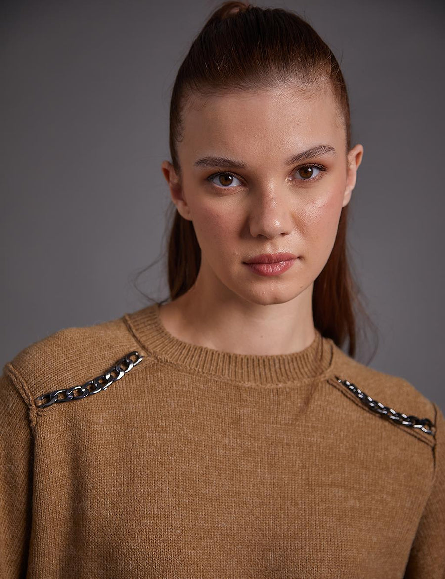 Knitwear Tunic with Chain Detail on the Shoulder Milk Brown