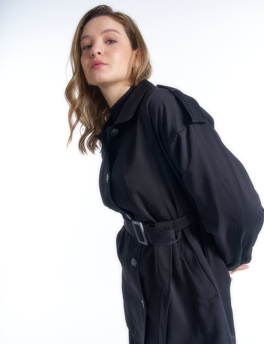 Epaulette Detailed Belt Accessory Trench Coat Black