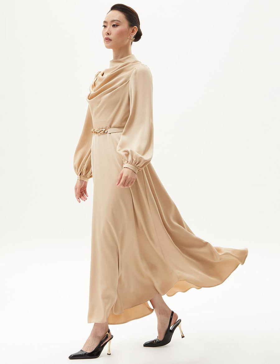 Belt Detailed Stylish Dress Beige Fınal Item - Porterist 3