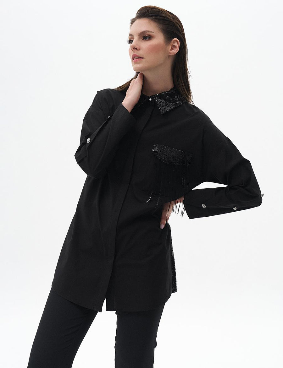 Sleeve Detailed Poplin Tunic Black