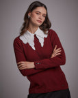 Crewneck Ribbed Knitwear Blouse Claret Red