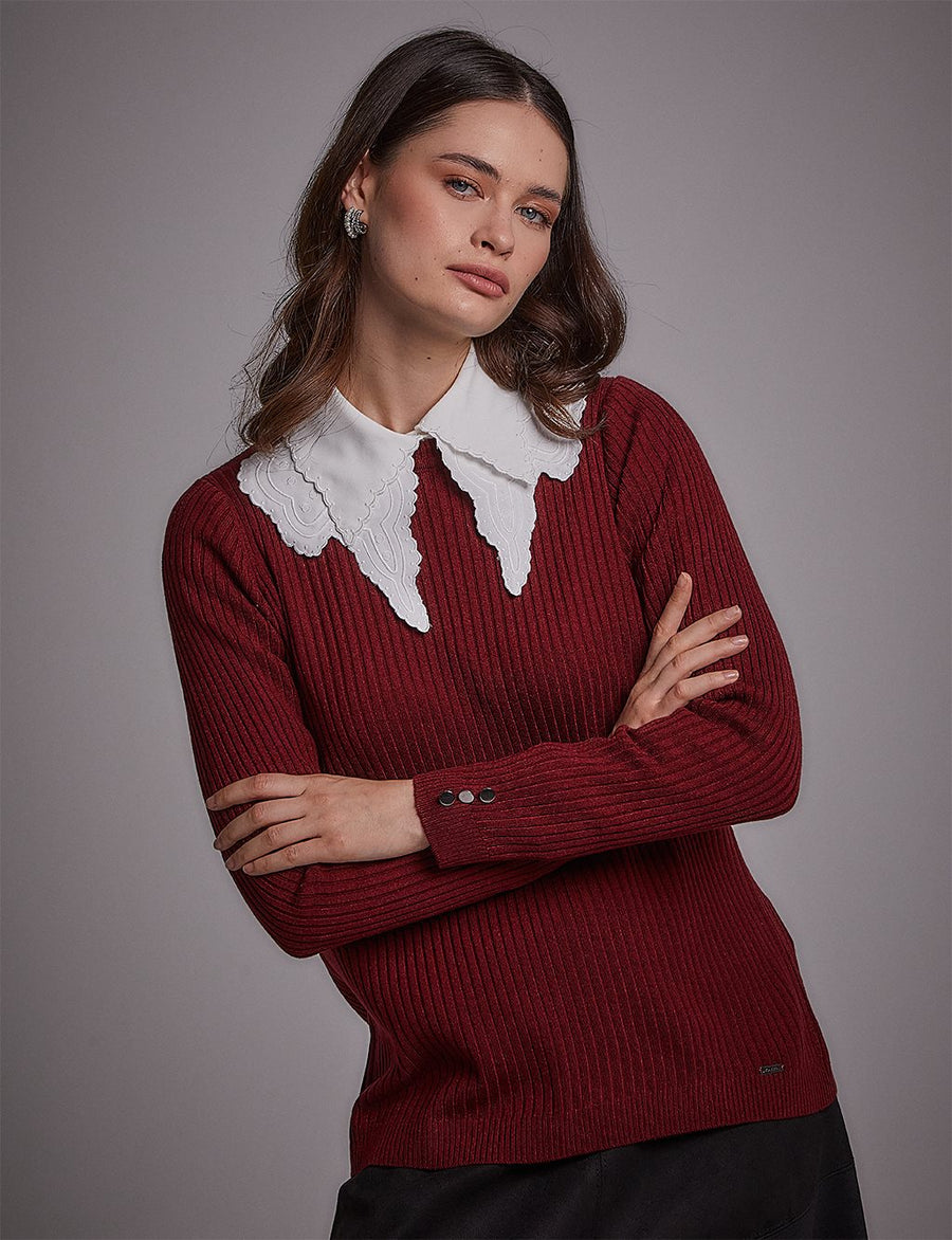 Crewneck Ribbed Knitwear Blouse Claret Red