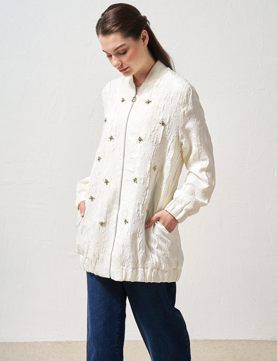 Stone Embroidered Relief Pattern Jacket Ecru