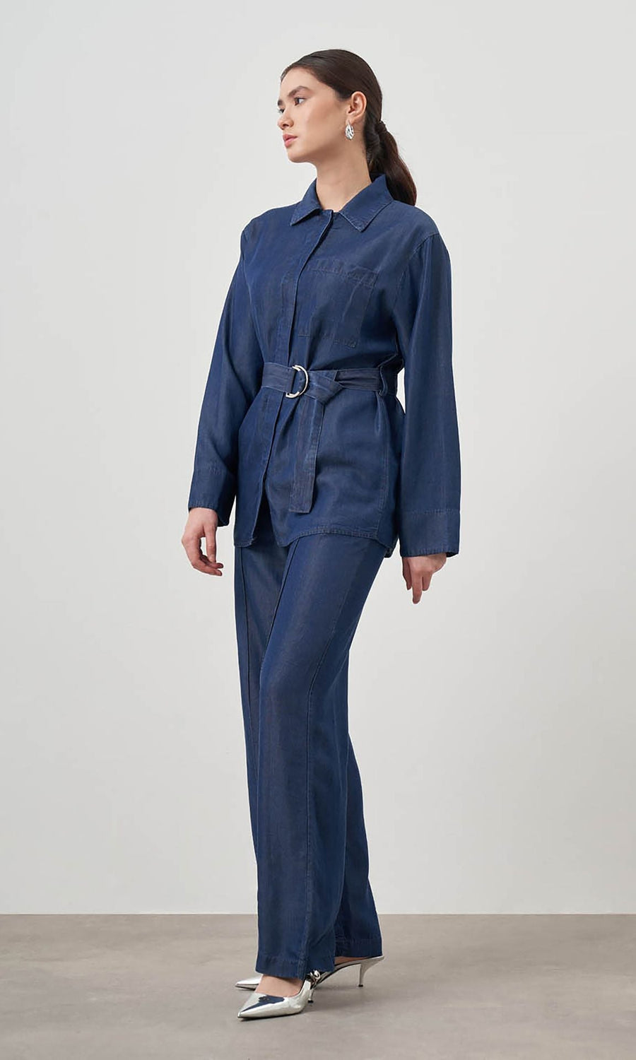 Mizalle Denim Belted Blouse Indigo Apparel Indigo M 