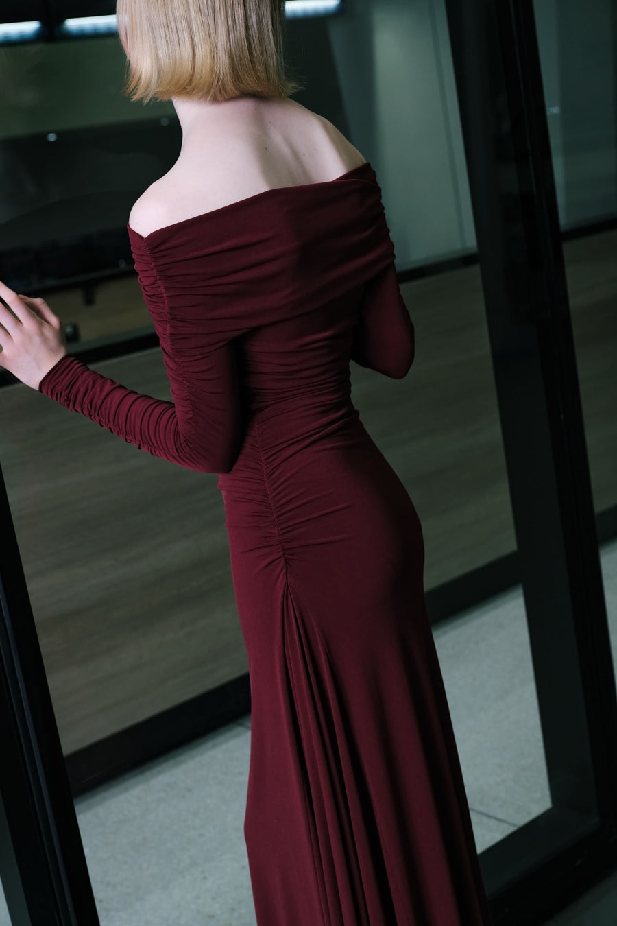 Burgundy Off-The-Shoulder Maxi Dress