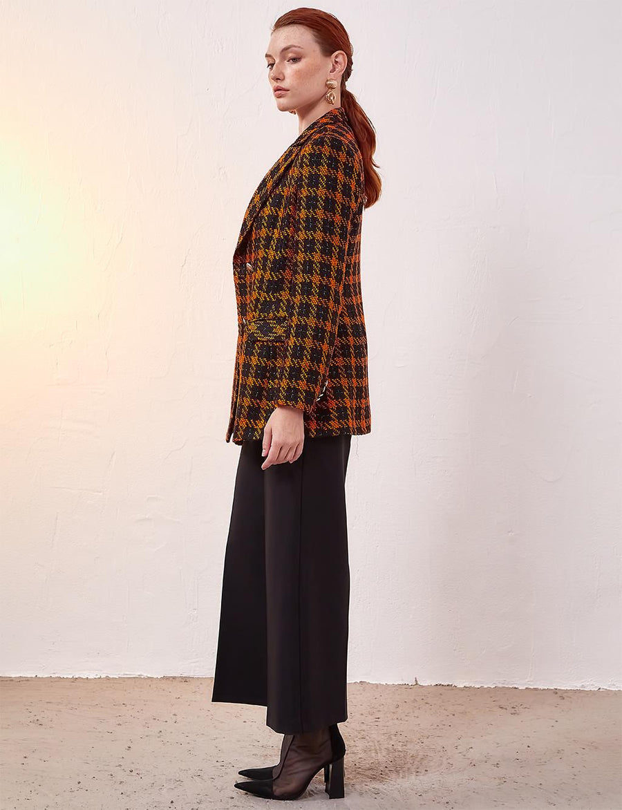 Plaid Tweed Blazer Jacket Black-Orange