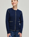 Navy Blue Cashmere Wool Giselle Round Neck Textured Cardigan