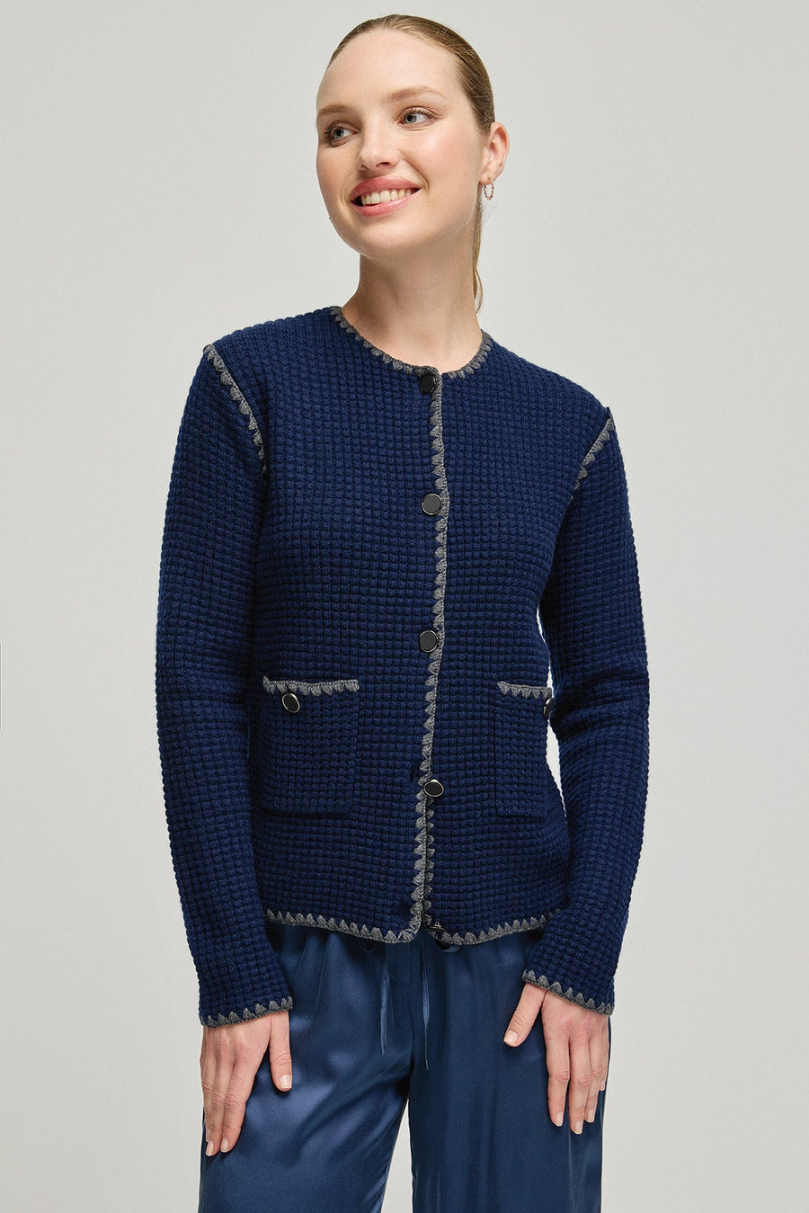 Navy Blue Cashmere Wool Giselle Round Neck Textured Cardigan