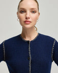 Navy Blue Cashmere Wool Giselle Round Neck Textured Cardigan