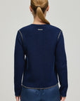 Navy Blue Cashmere Wool Giselle Round Neck Textured Cardigan