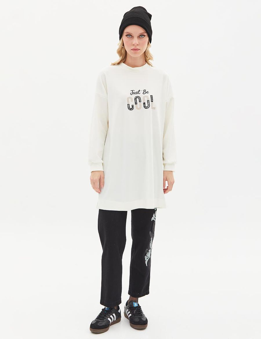 Slogan Embroidered Sweat Ecru