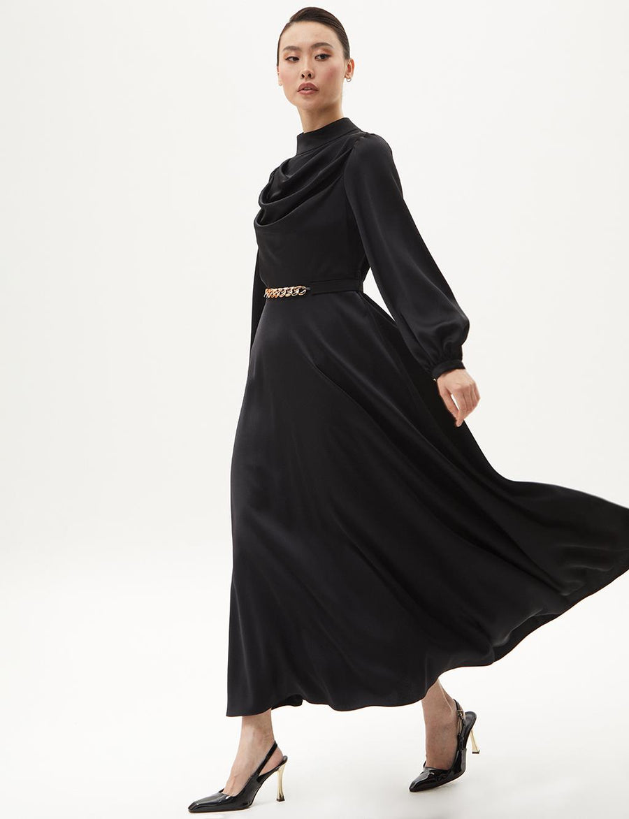 Belt Detailed Stylish Dress Black Fınal Item - Porterist 4