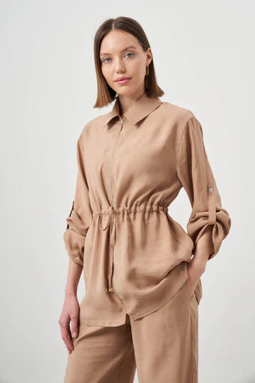 Mizalle Cinched Waist Shirt Jacket Beige Apparel Beige