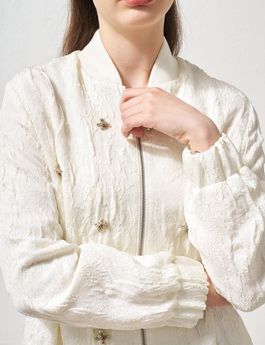 Stone Embroidered Relief Pattern Jacket Ecru