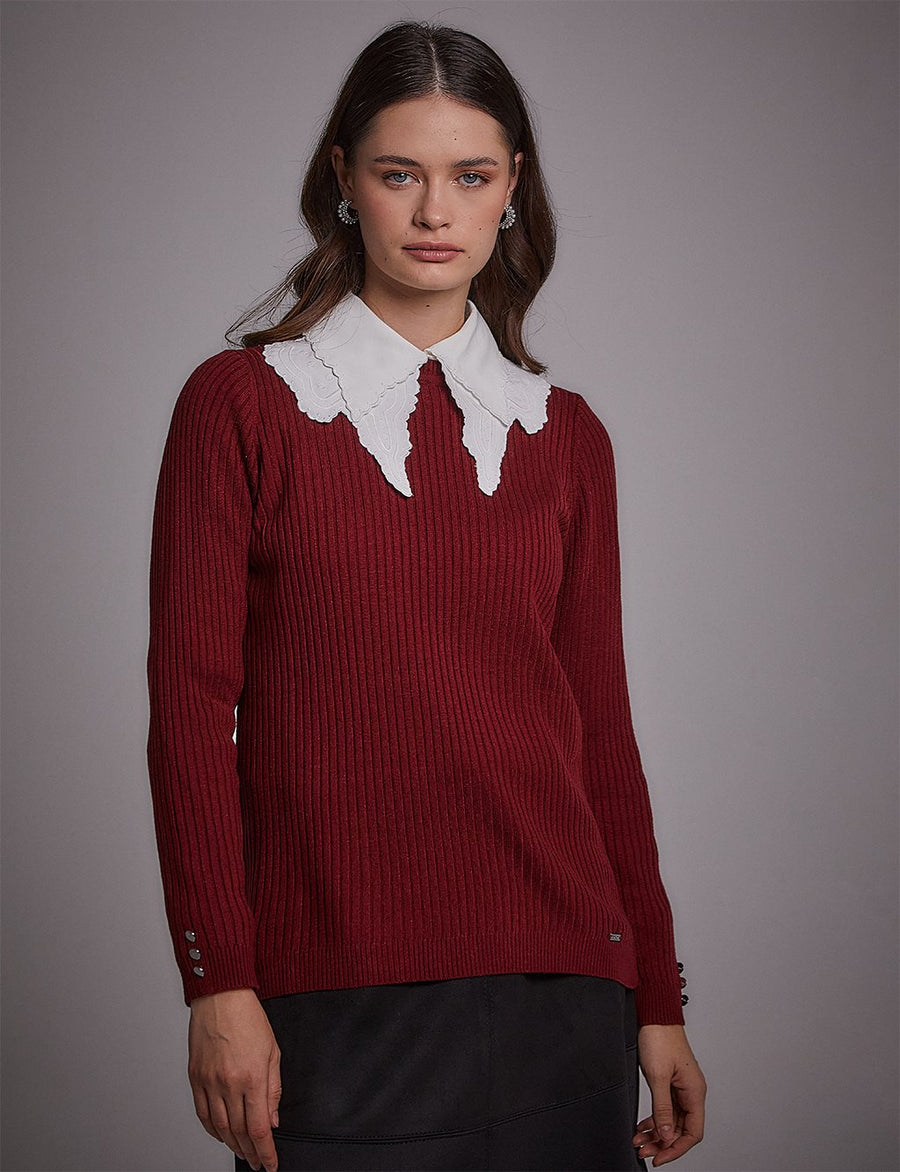 Crewneck Ribbed Knitwear Blouse Claret Red