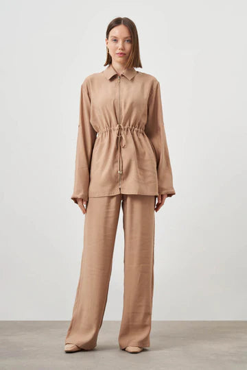 Mizalle Cinched Waist Shirt Jacket Beige Apparel Beige