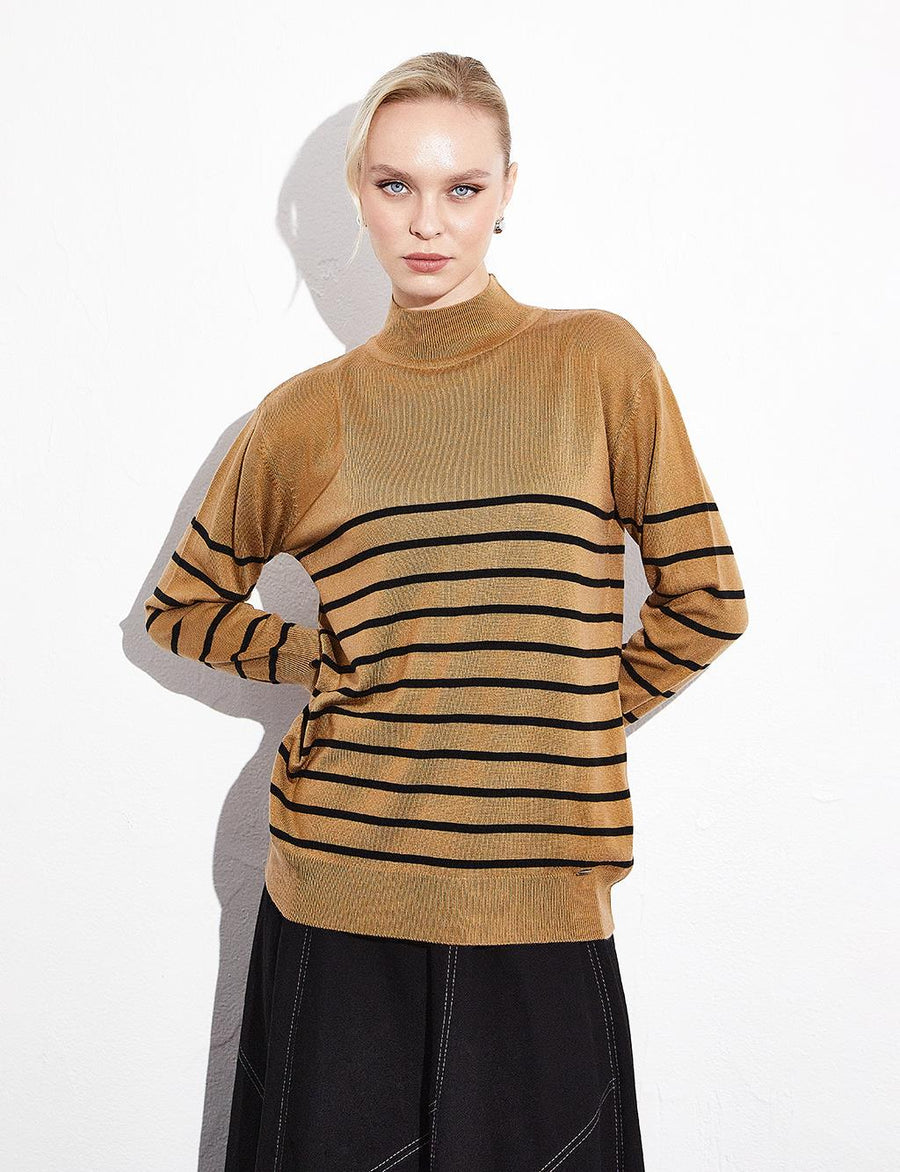 Turtleneck Striped Knitwear Blouse Beige Black