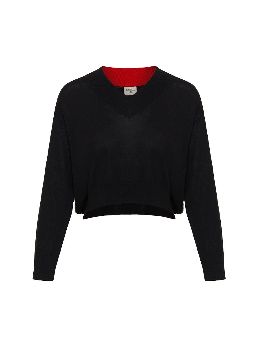 Black Brianna Self Colored V - necked 100% Wool Sweater