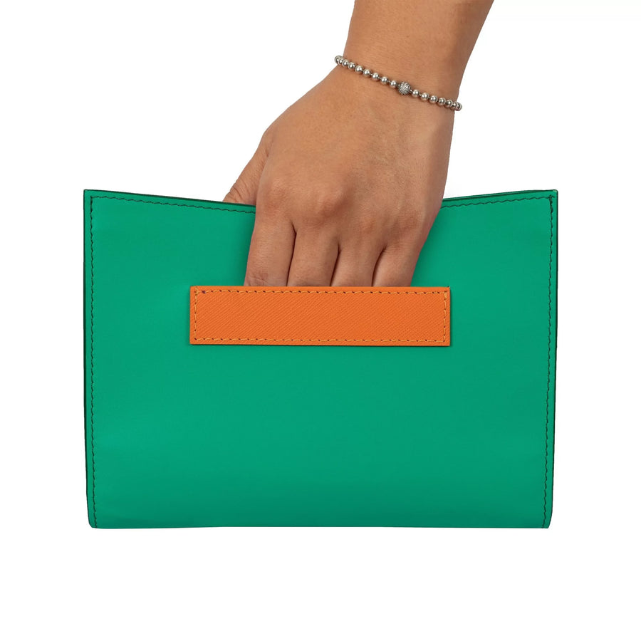 Barb Green Orange Dual Color Leather Hand Bag