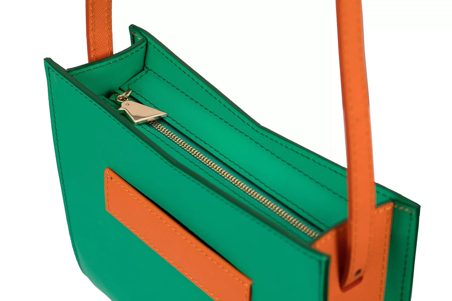 Barb Green Orange Dual Color Leather Hand Bag