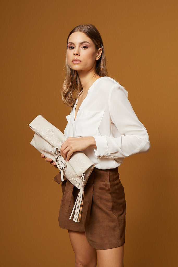 Belted High-Waisted Suede Shorts - Brown