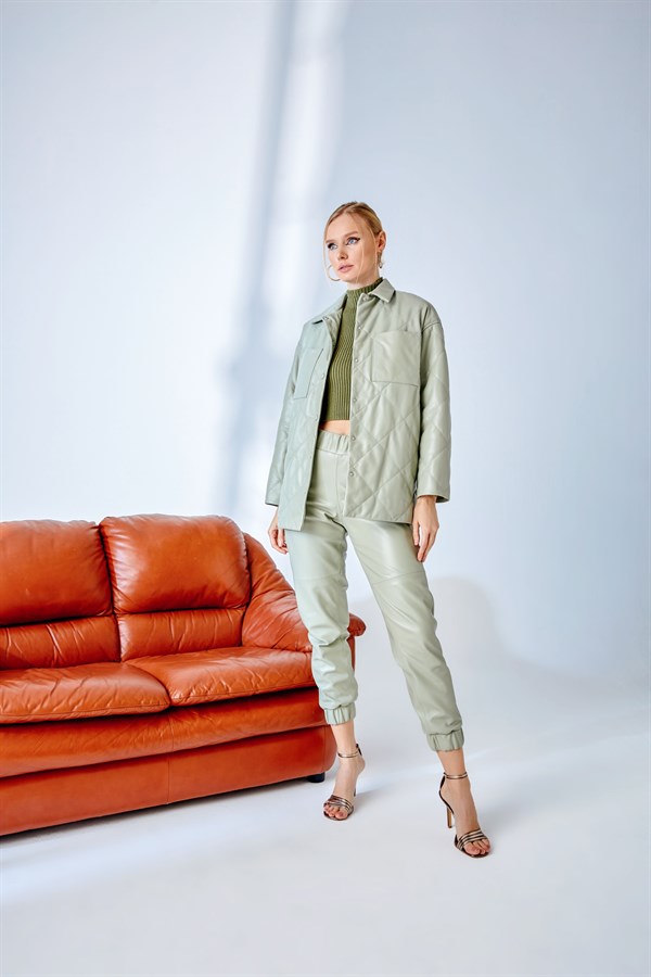 Belted Quilted Leather Jacket – Nile Green
