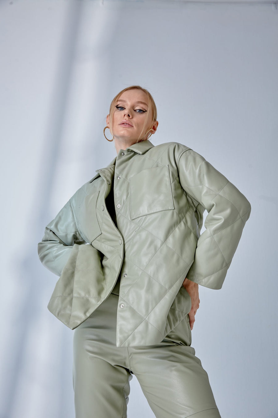 Belted Quilted Leather Jacket – Nile Green