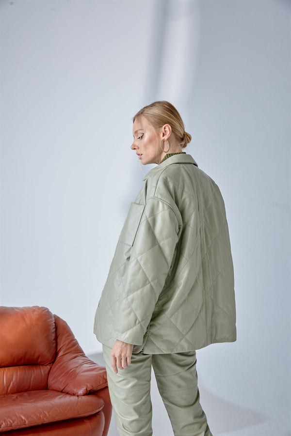 Belted Quilted Leather Jacket – Nile Green
