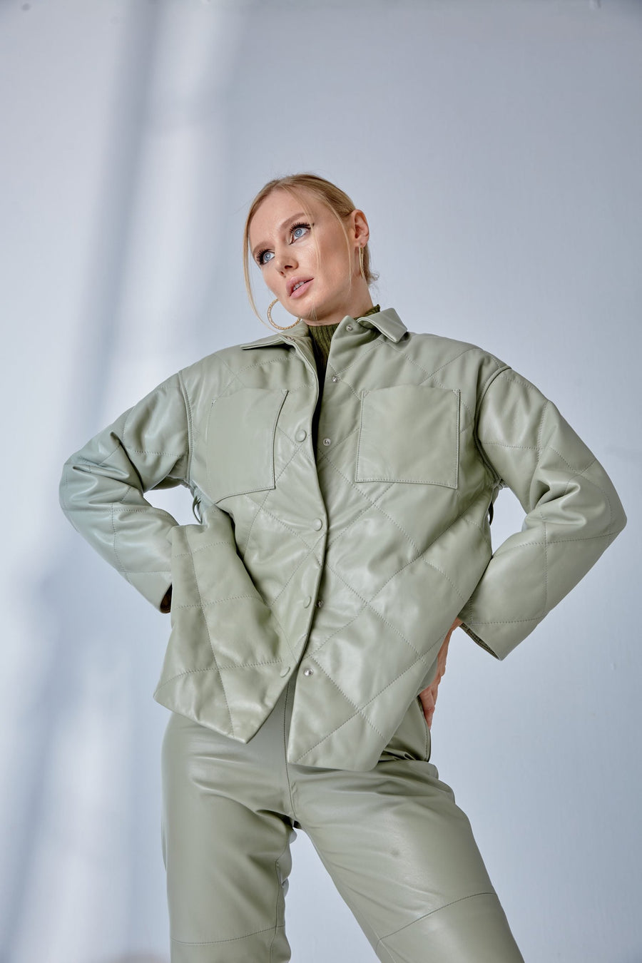 Belted Quilted Leather Jacket – Nile Green