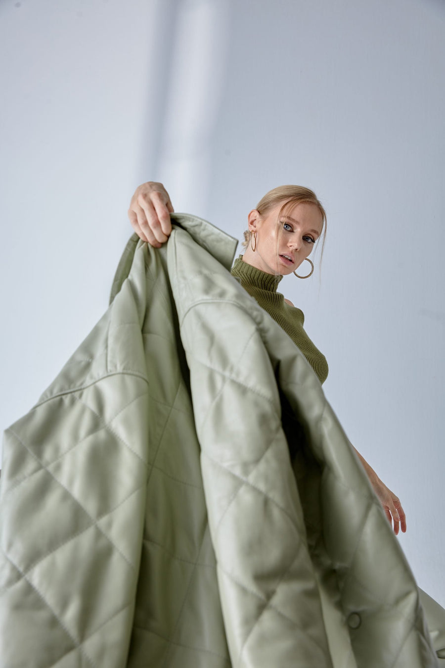 Belted Quilted Leather Jacket – Nile Green