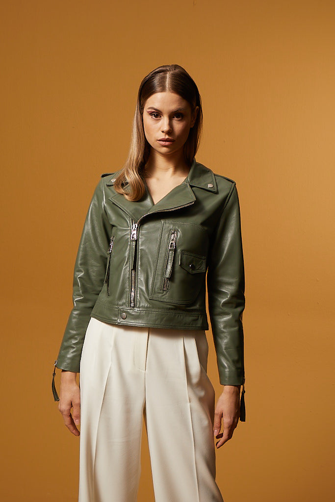 Biker Leather Jacket - Sage Green