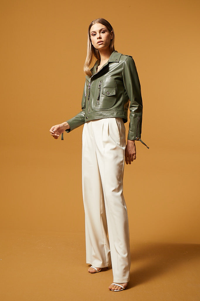 Biker Leather Jacket - Sage Green
