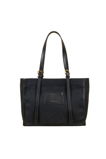 Black Canvas Genuine Leather Strap Tote Bag