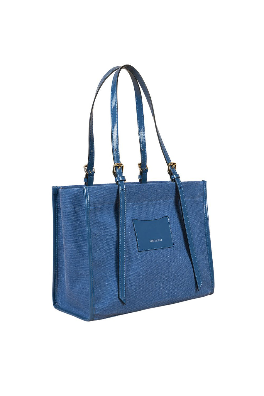 Blue Canvas Genuine Leather Strap Tote Bag