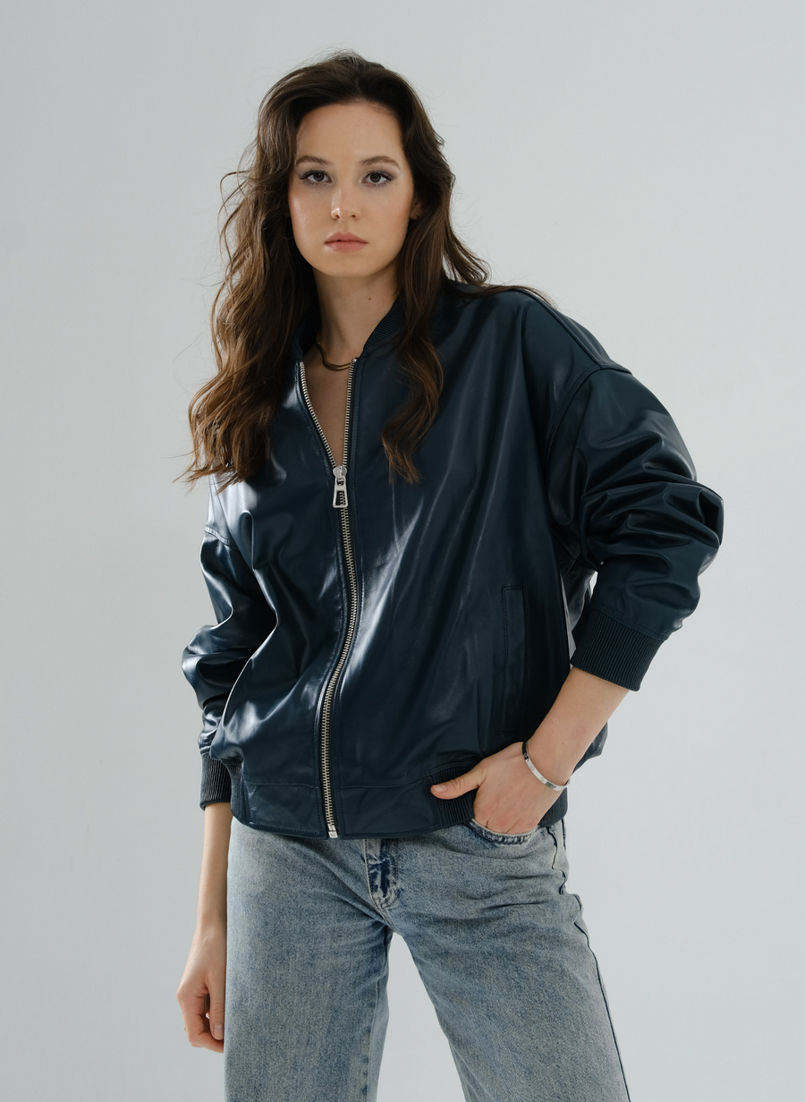 Bomber Boyfriend Leather Jacket – Petrol