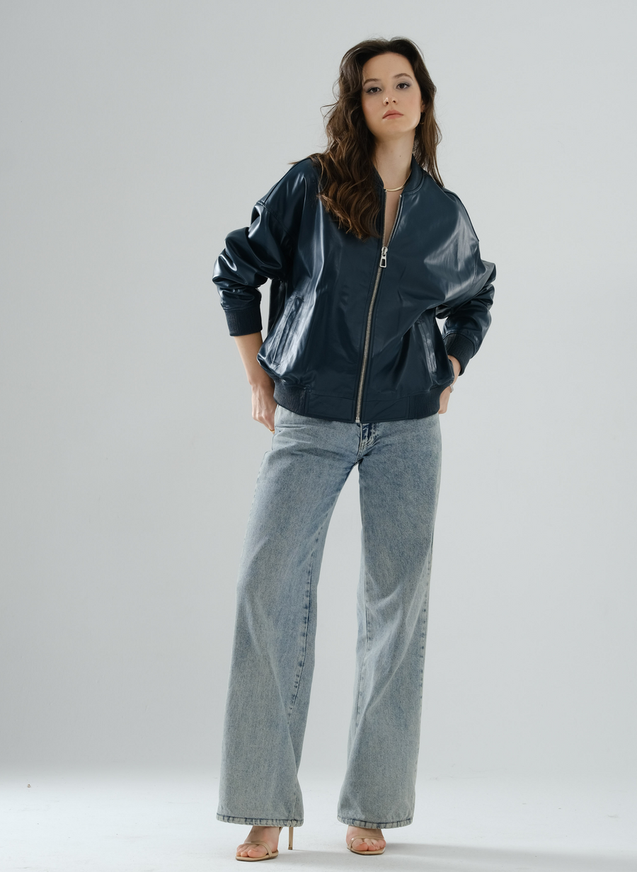 Bomber Boyfriend Leather Jacket – Petrol