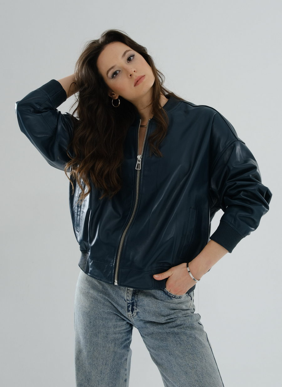 Bomber Boyfriend Leather Jacket – Petrol