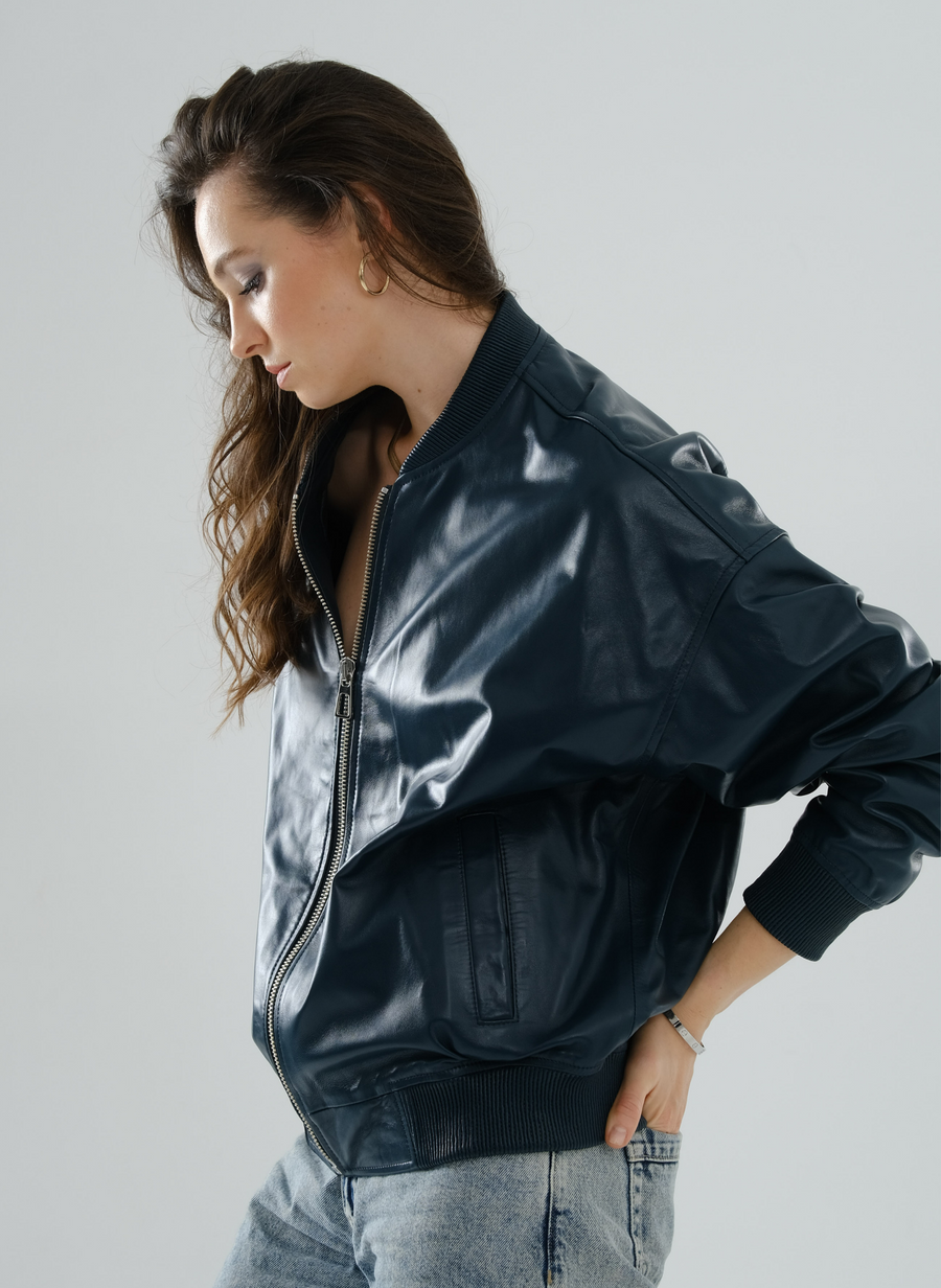 Bomber Boyfriend Leather Jacket – Petrol