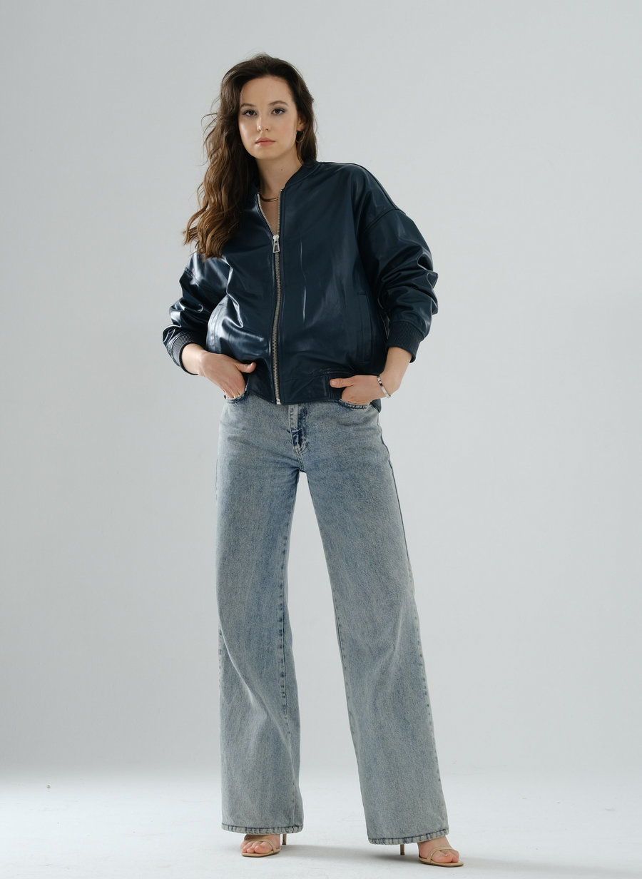 Bomber Boyfriend Leather Jacket – Petrol