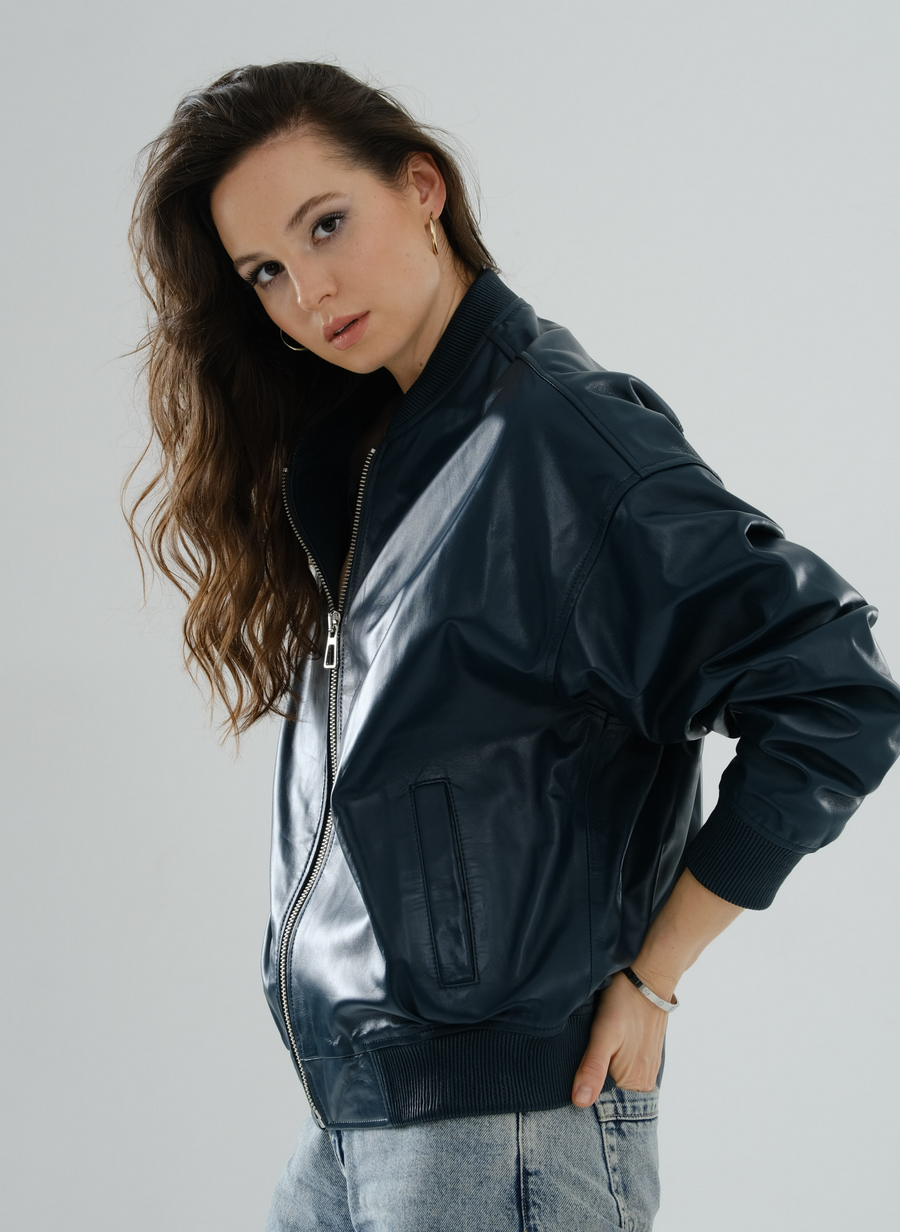 Bomber Boyfriend Leather Jacket – Petrol