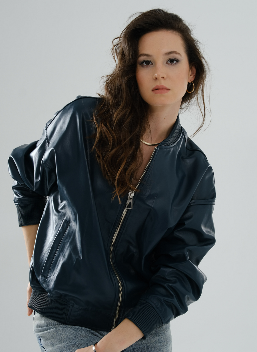 Bomber Boyfriend Leather Jacket – Petrol