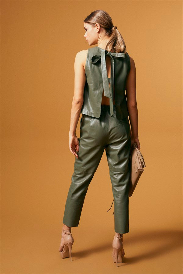Bow-Detail Open-Back Leather T-Shirt - Sage Green